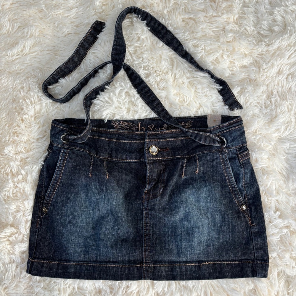 H&G Dark Wash Denim Mini Skirt Y2K Low Rise with Tie Belt Rhinestone Button S